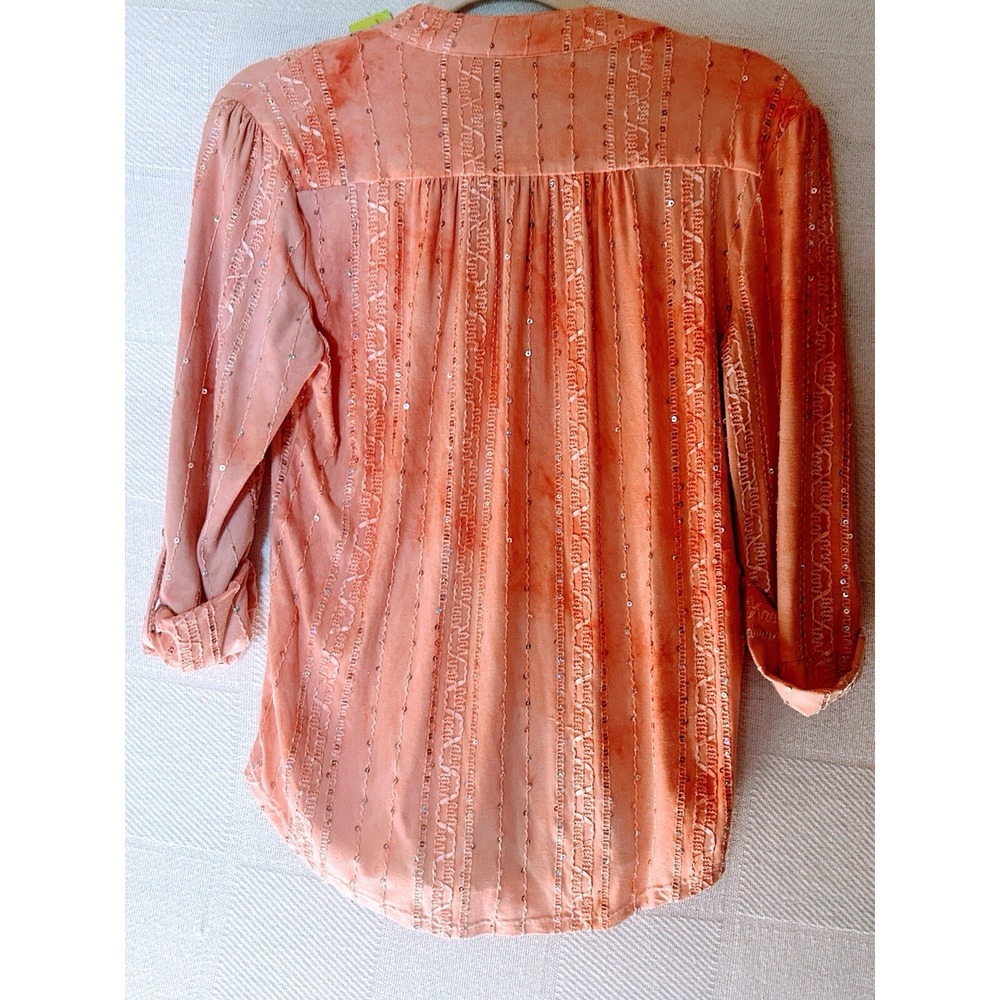 Pintick Popover Roll Tab Sleeves Sequin Tye-Dye Peach Dip Dye Boho Top SZ S - Picture 7 of 9